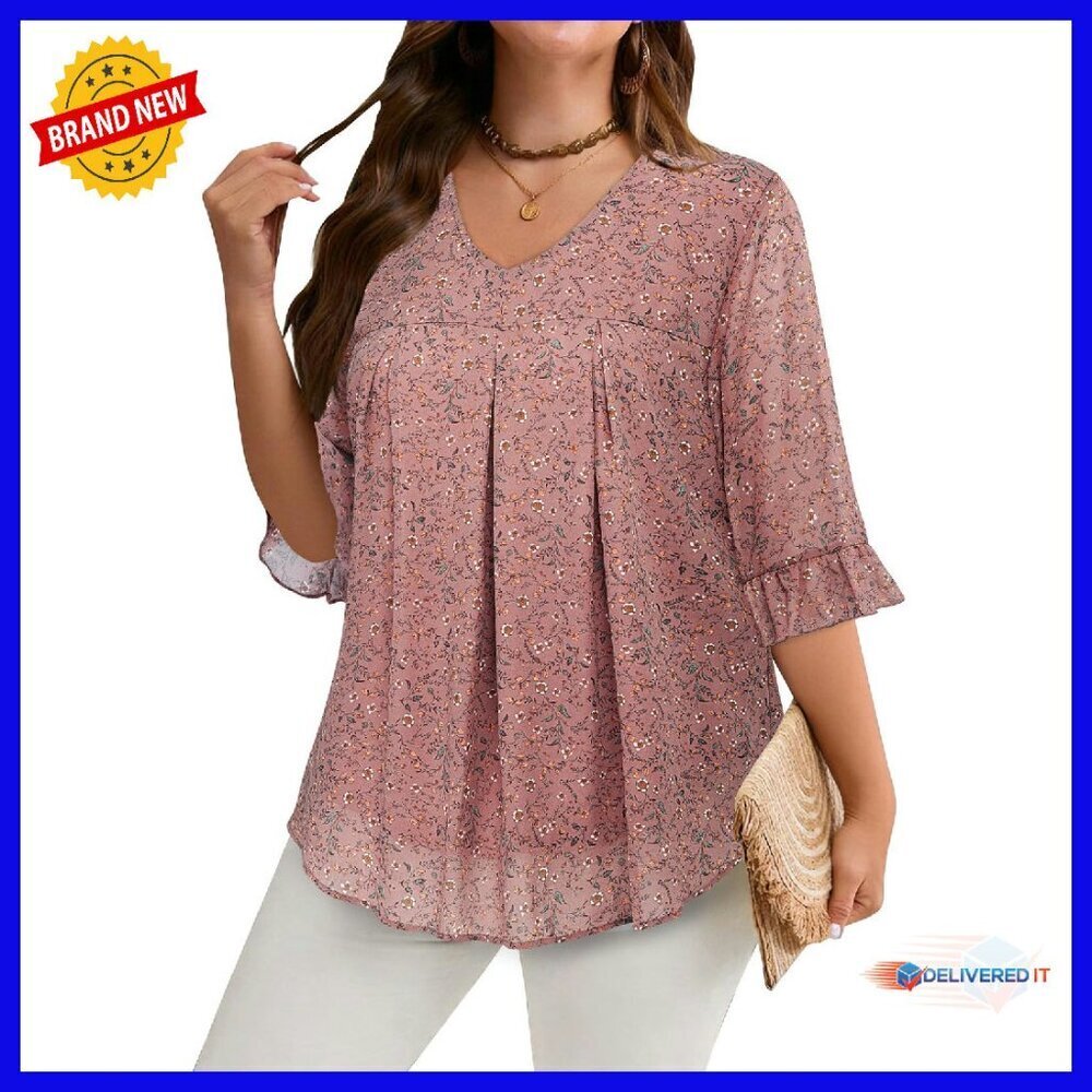 Plus Size Chiffon Tunic 3/4 Sleeve V-Neck Blouse XL-5XL